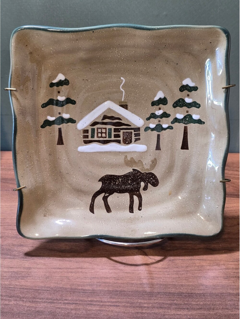 Set of 2 Sonoma Home Lodge 8" Square Salad Plates, Cabin Moose Decor